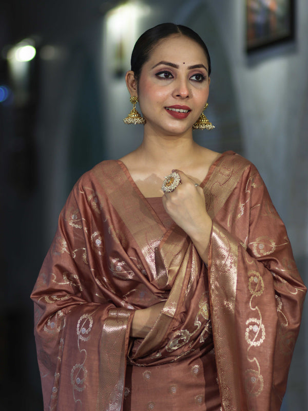 Banarasee Zari Embroidered Chanderi Silk Salwar Kameez With Dupatta Set-Brown