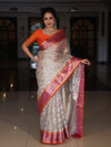 Banarasee Organza Mix Saree With Zari Jaal Design & Contrast Border-Silver & Pink