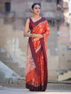 Banarasee Handloom Semi Silk Saree With Buta Design & Contrast Border-Rust & Burgundy