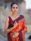 Banarasee Handloom Semi Silk Saree With Buta Design & Contrast Border-Rust & Burgundy