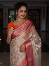 Banarasee Organza Mix Saree With Zari Jaal Design & Contrast Border-Silver & Pink