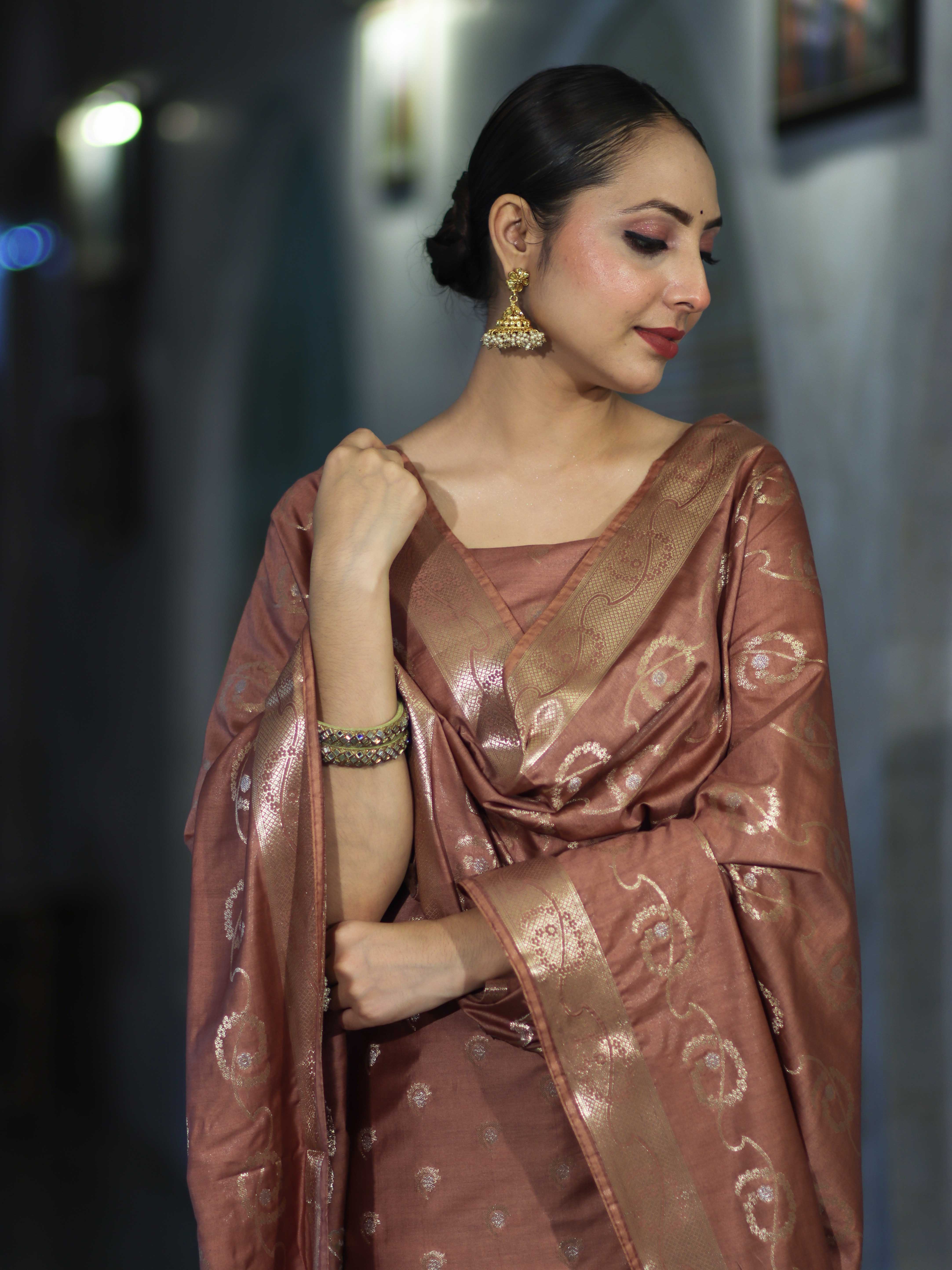 Banarasee Zari Embroidered Chanderi Silk Salwar Kameez With Dupatta Set-Brown