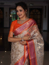 Banarasee Organza Mix Saree With Zari Jaal Design & Contrast Border-Silver & Pink