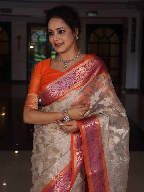 Banarasee Organza Mix Saree With Zari Jaal Design & Contrast Border-Silver & Pink
