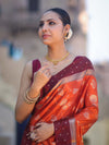 Banarasee Handloom Semi Silk Saree With Buta Design & Contrast Border-Rust & Burgundy
