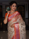 Banarasee Organza Mix Saree With Zari Jaal Design & Contrast Border-Silver & Pink