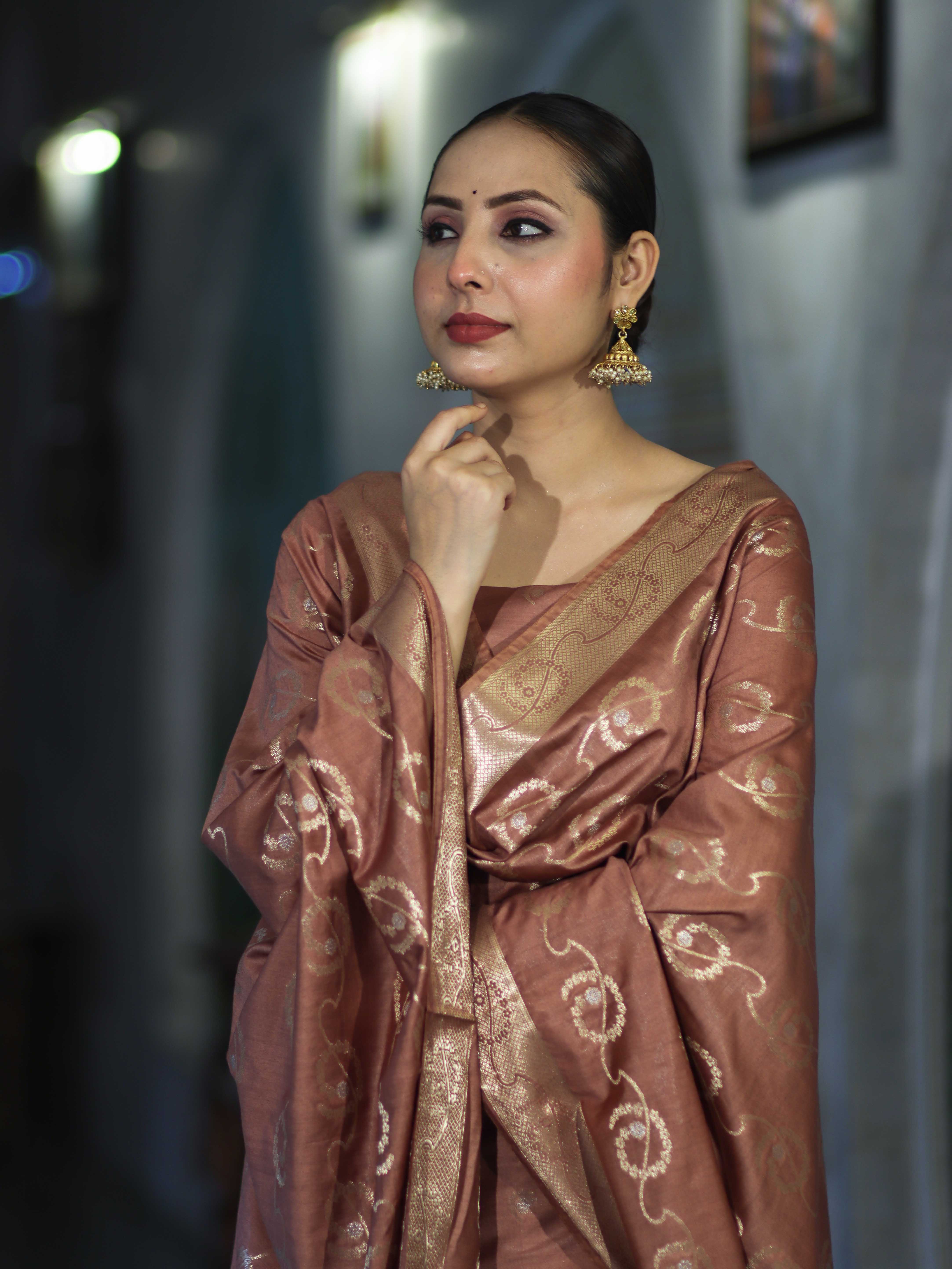 Banarasee Zari Embroidered Chanderi Silk Salwar Kameez With Dupatta Set-Brown