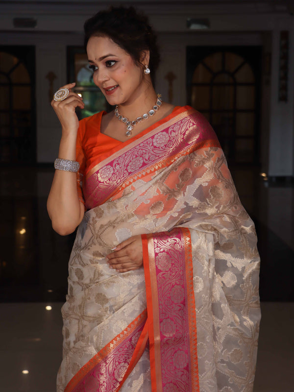 Banarasee Organza Mix Saree With Zari Jaal Design & Contrast Border-Silver & Pink