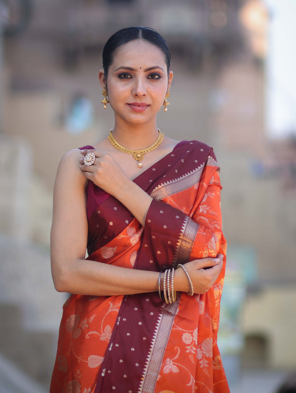 Banarasee Handloom Semi Silk Saree With Buta Design & Contrast Border-Rust & Burgundy