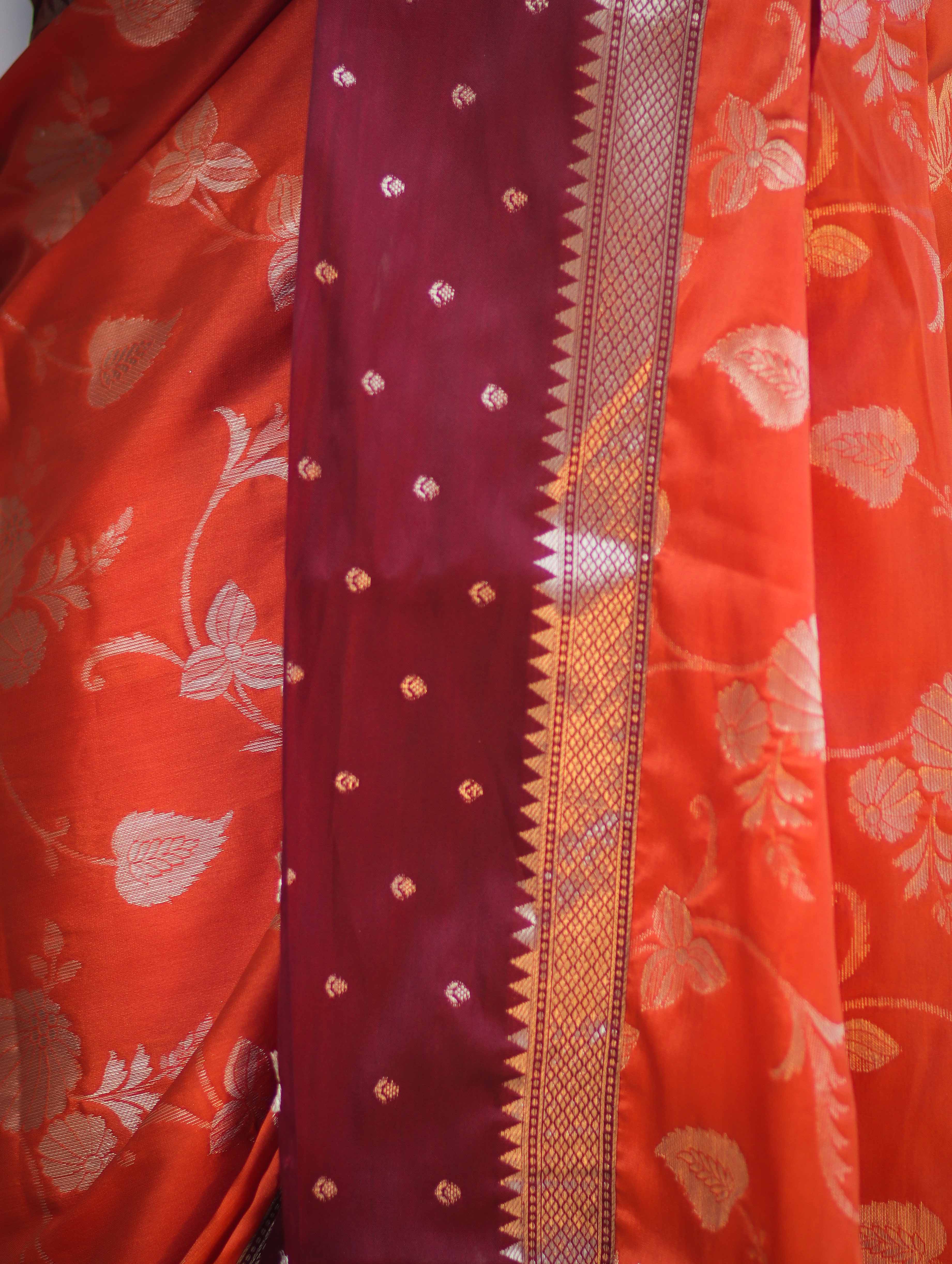 Banarasee Handloom Semi Silk Saree With Buta Design & Contrast Border-Rust & Burgundy