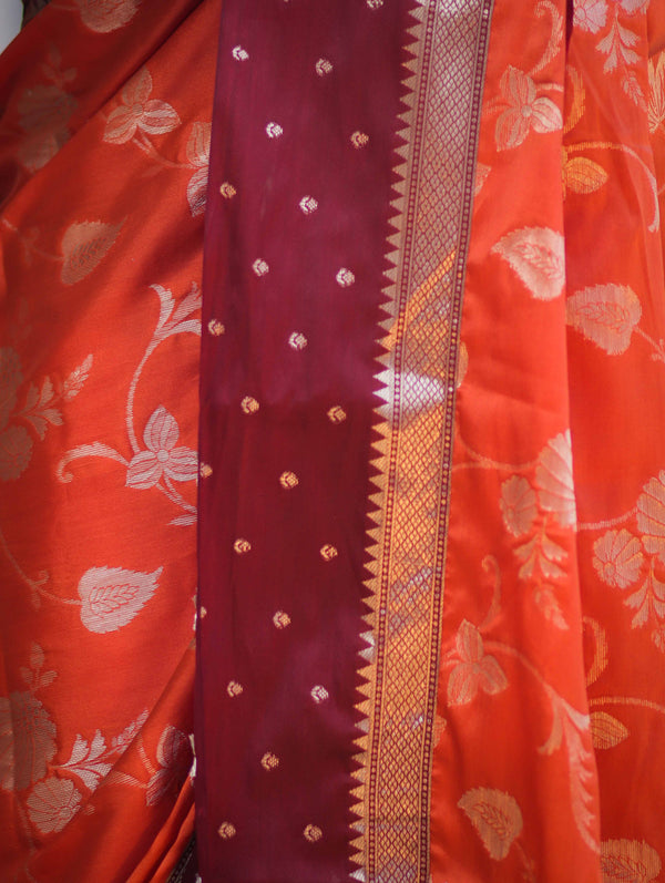 Banarasee Handloom Semi Silk Saree With Buta Design & Contrast Border-Rust & Burgundy