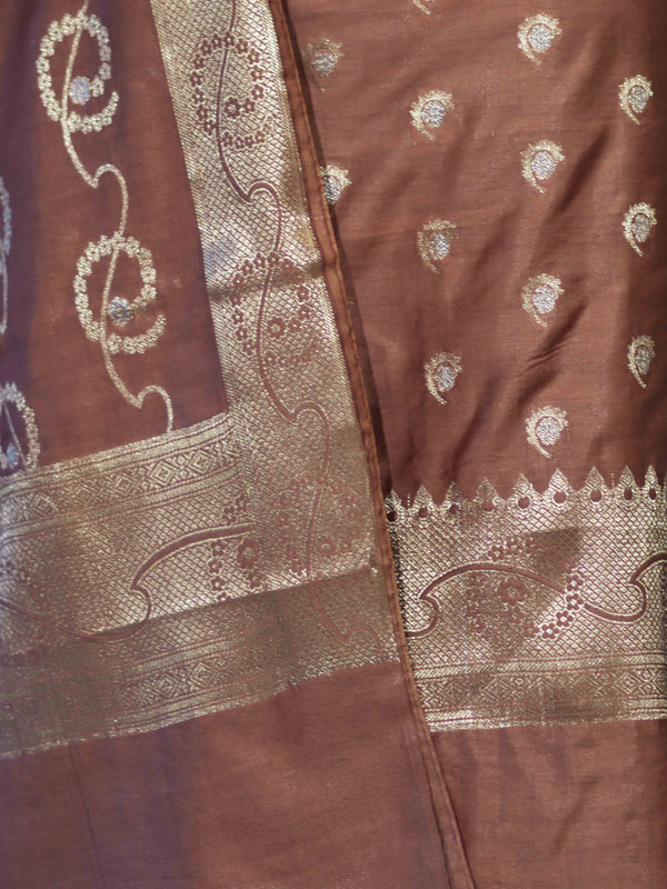 Banarasee Zari Embroidered Chanderi Silk Salwar Kameez With Dupatta Set-Brown