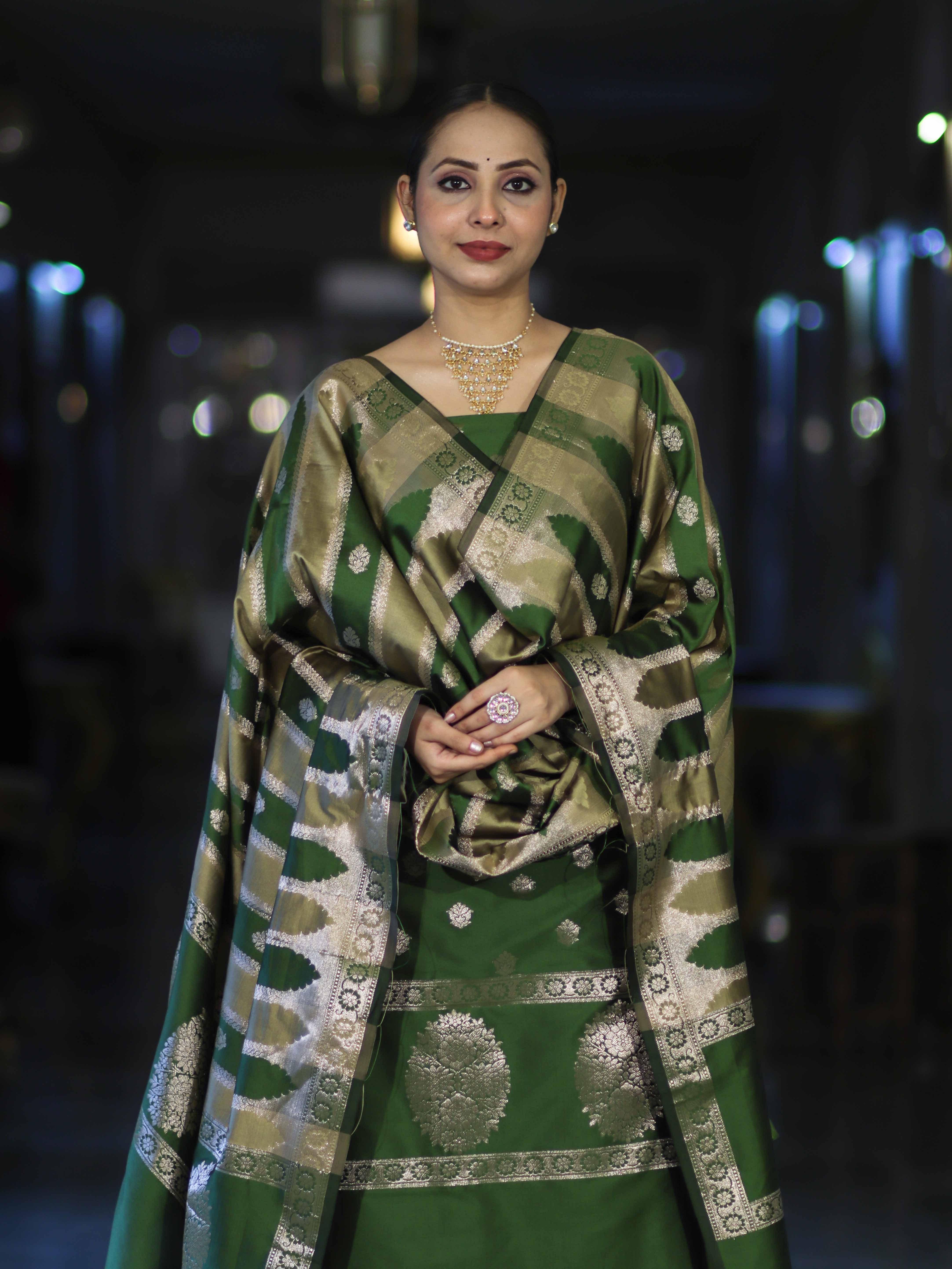 Banarasee Semi Katan Zari Work Salwar Kameez Fabric With Dupatta Set-Leaf Green