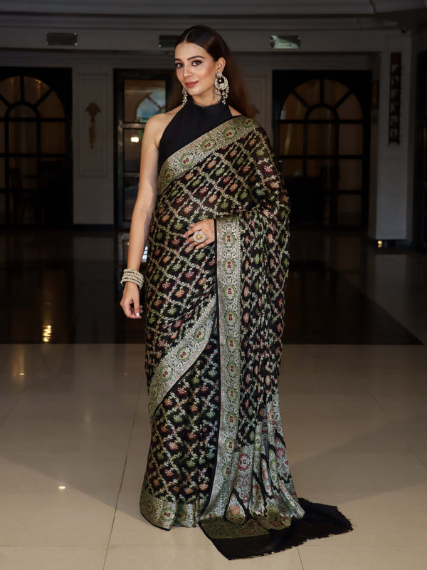 Banarasee Pure Chiffon Saree With Gold Zari & Resham Jaal Work-Black