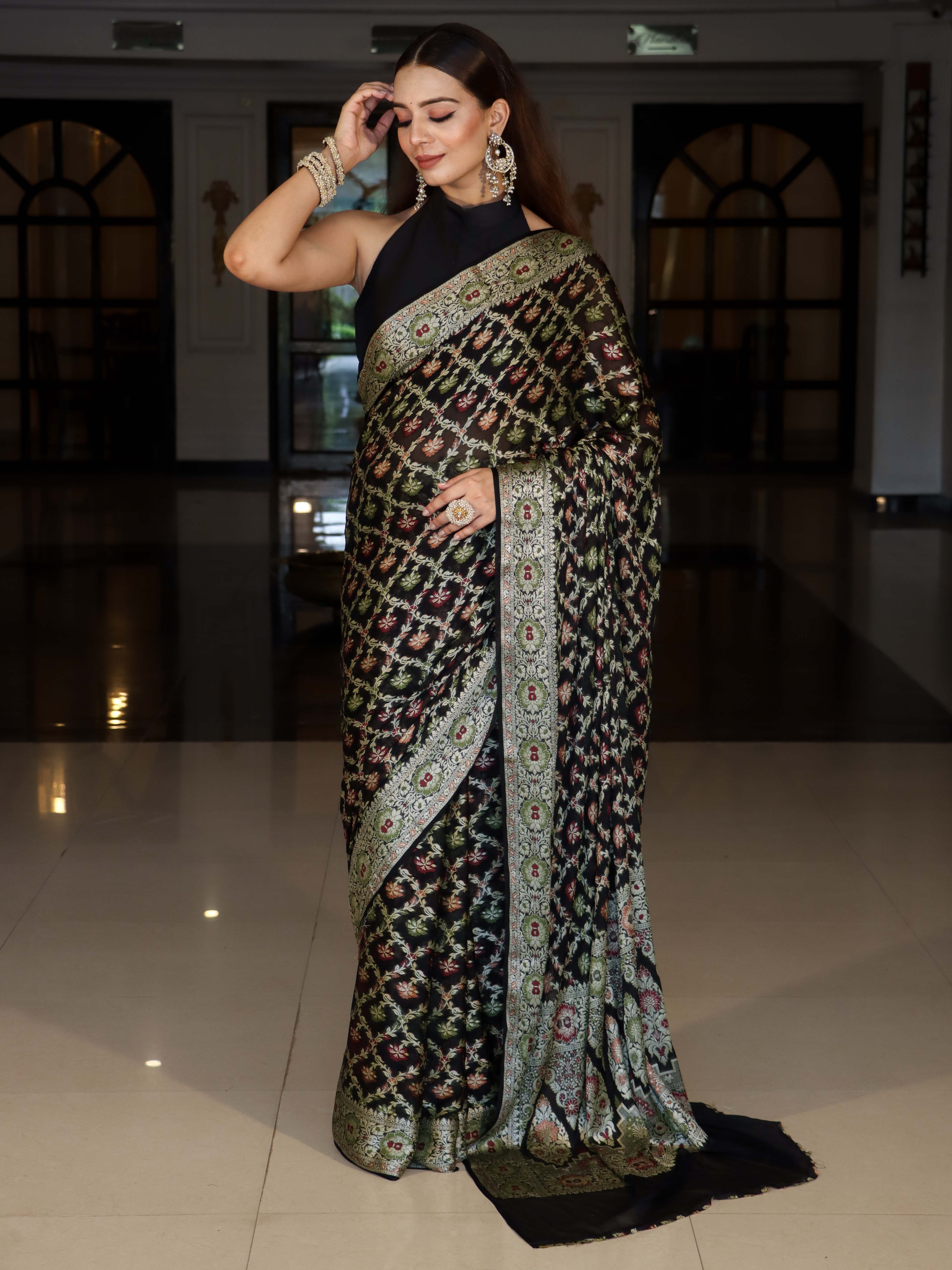 Banarasee Pure Chiffon Saree With Gold Zari & Resham Jaal Work-Black