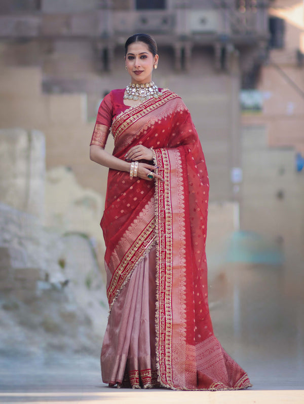 Banarasee Handloom Tissue (Saubhagyavati Bhava) Lace Saree With Buti Design Border & Lace-Red