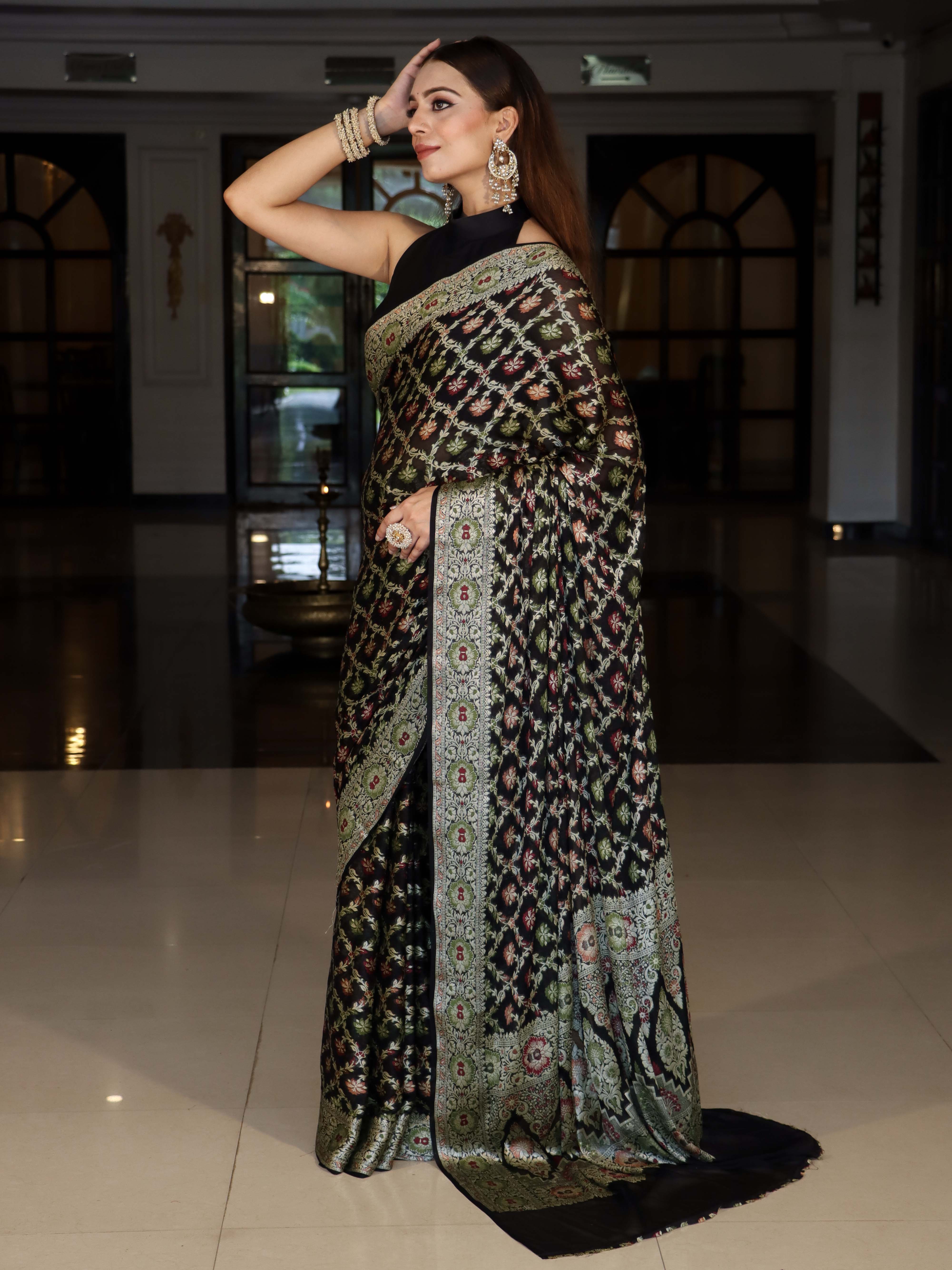 Banarasee Pure Chiffon Saree With Gold Zari & Resham Jaal Work-Black