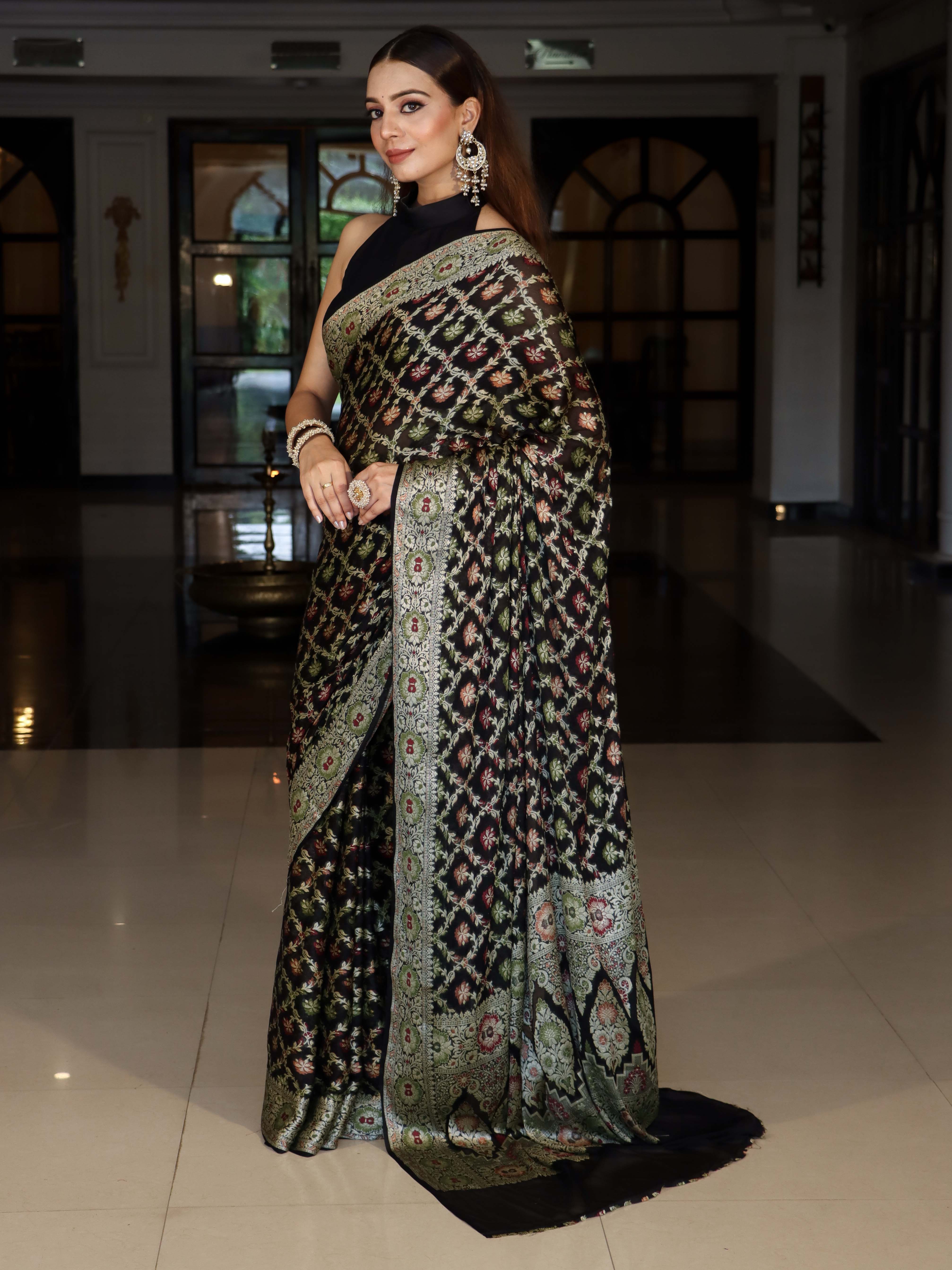 Banarasee Pure Chiffon Saree With Gold Zari & Resham Jaal Work-Black