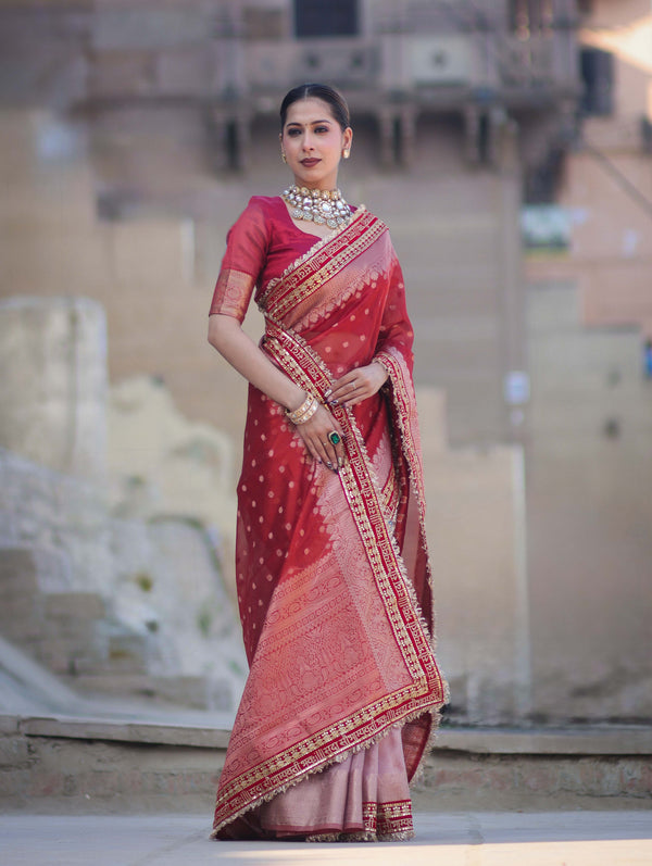 Banarasee Handloom Tissue (Saubhagyavati Bhava) Lace Saree With Buti Design Border & Lace-Red