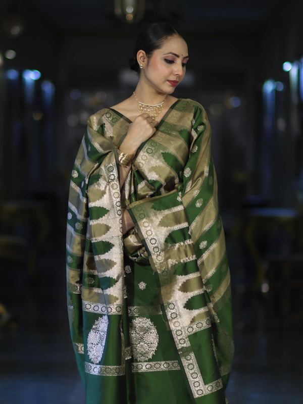 Banarasee Semi Katan Zari Work Salwar Kameez Fabric With Dupatta Set-Leaf Green