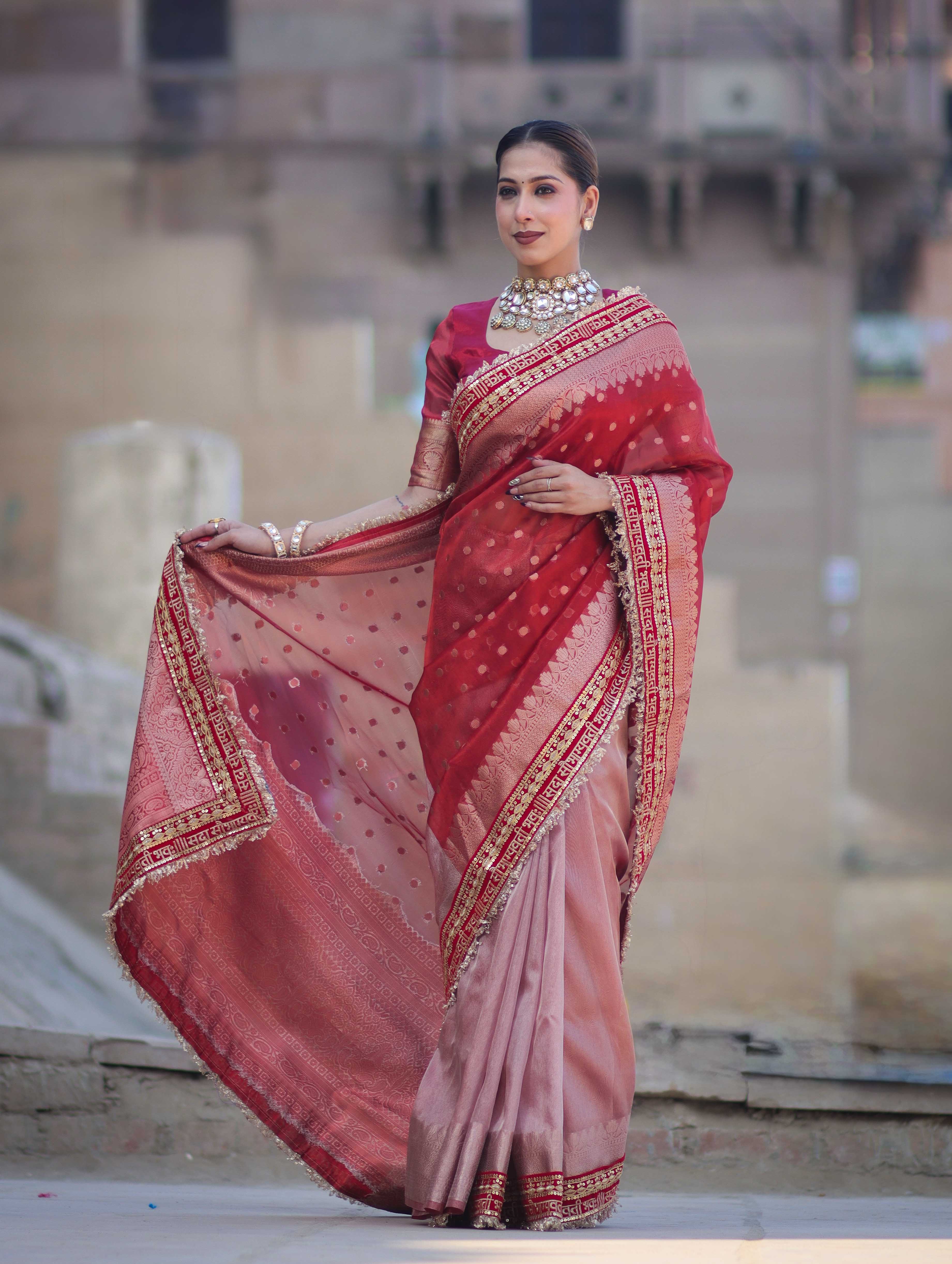 Banarasee Handloom Tissue (Saubhagyavati Bhava) Lace Saree With Buti Design Border & Lace-Red