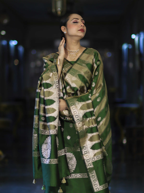 Banarasee Semi Katan Zari Work Salwar Kameez Fabric With Dupatta Set-Leaf Green
