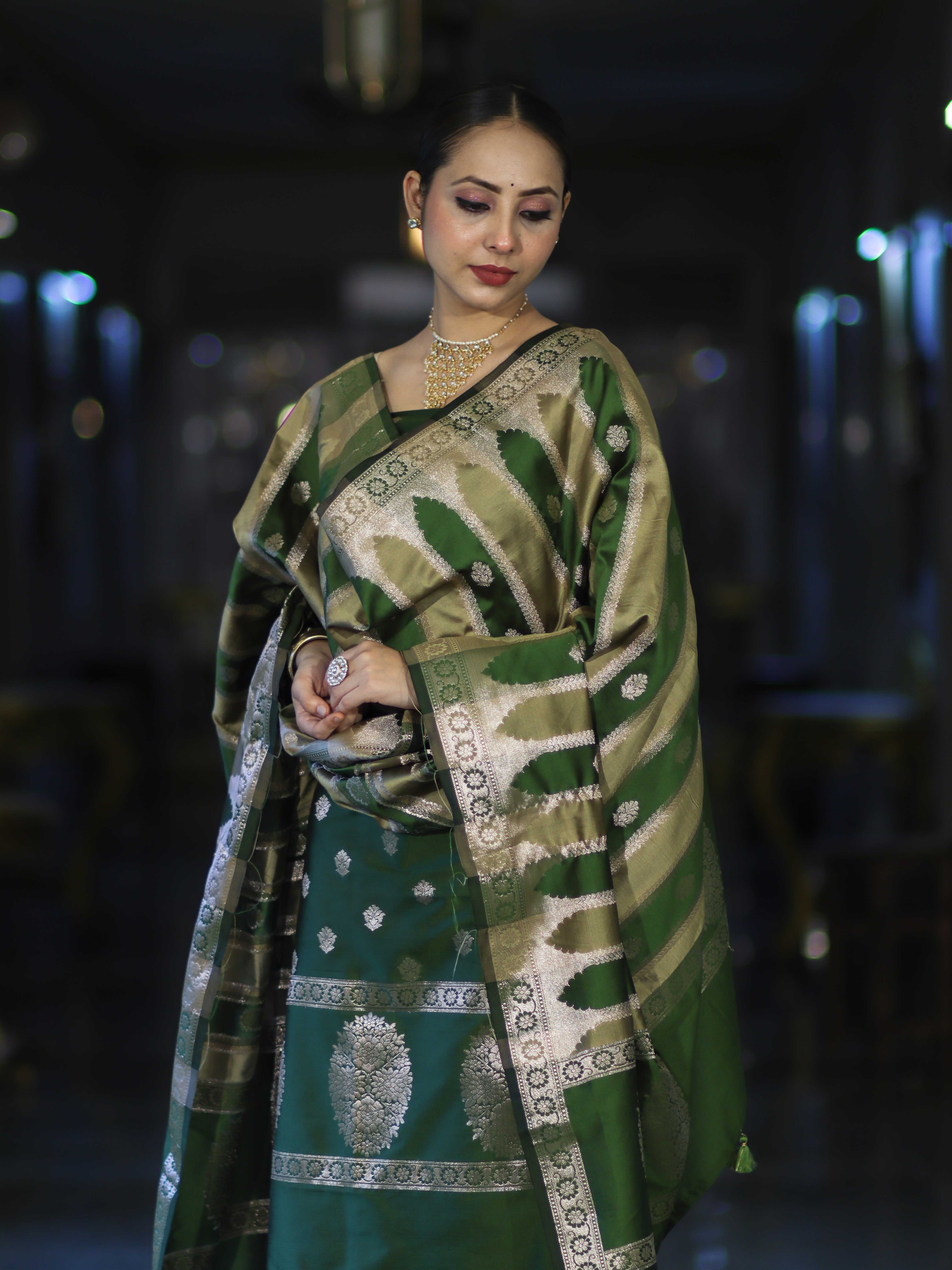 Banarasee Semi Katan Zari Work Salwar Kameez Fabric With Dupatta Set-Leaf Green