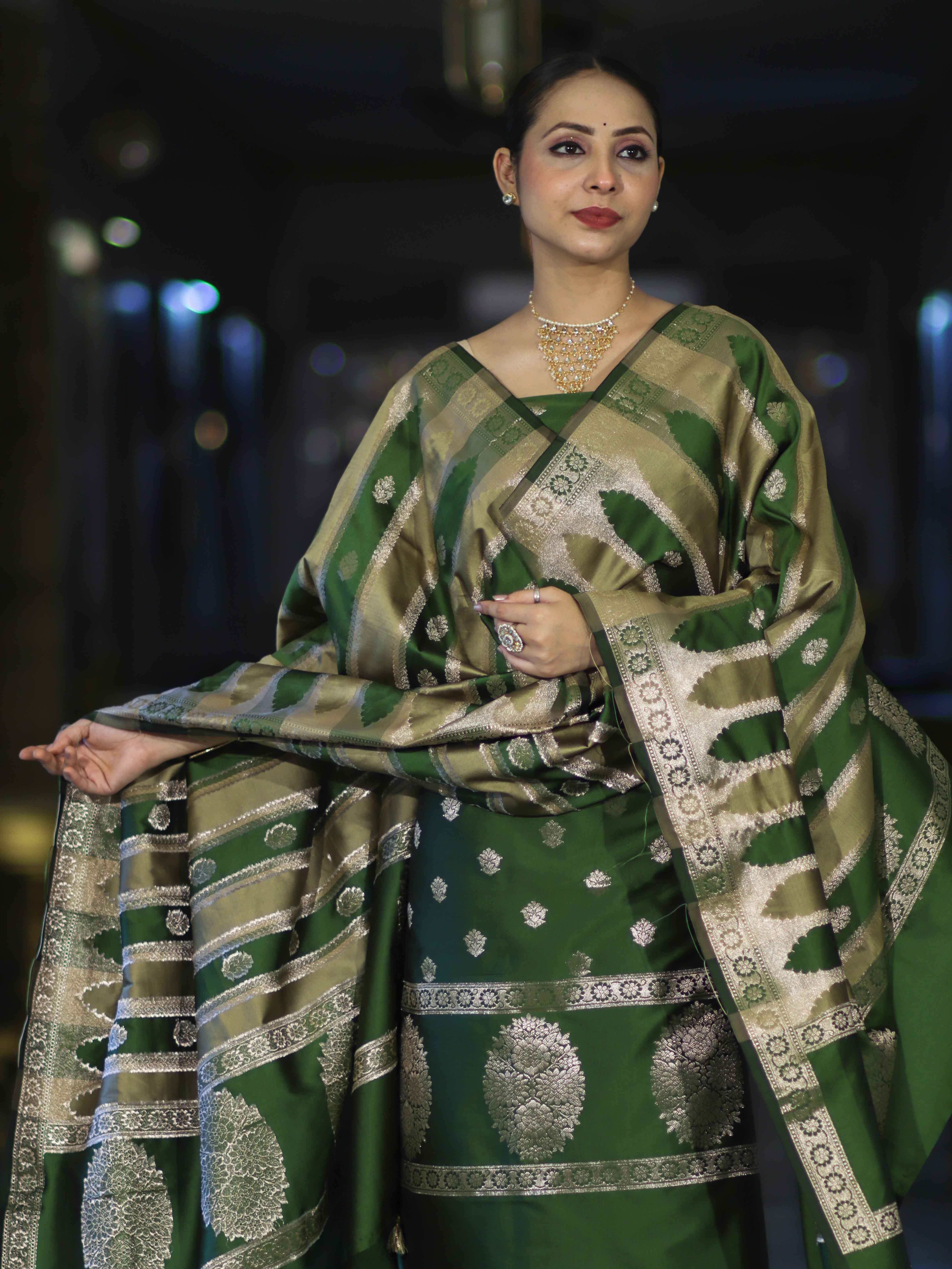 Banarasee Semi Katan Zari Work Salwar Kameez Fabric With Dupatta Set-Leaf Green