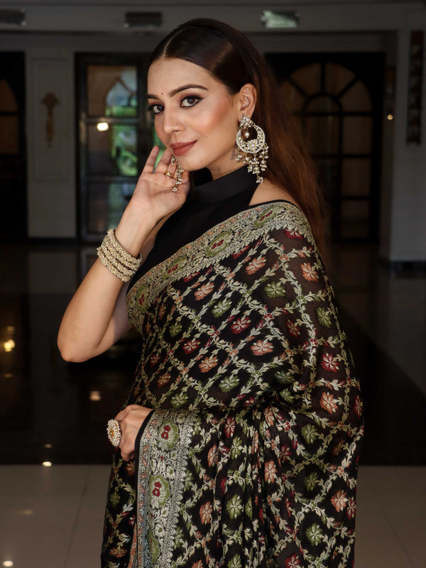 Banarasee Pure Chiffon Saree With Gold Zari & Resham Jaal Work-Black