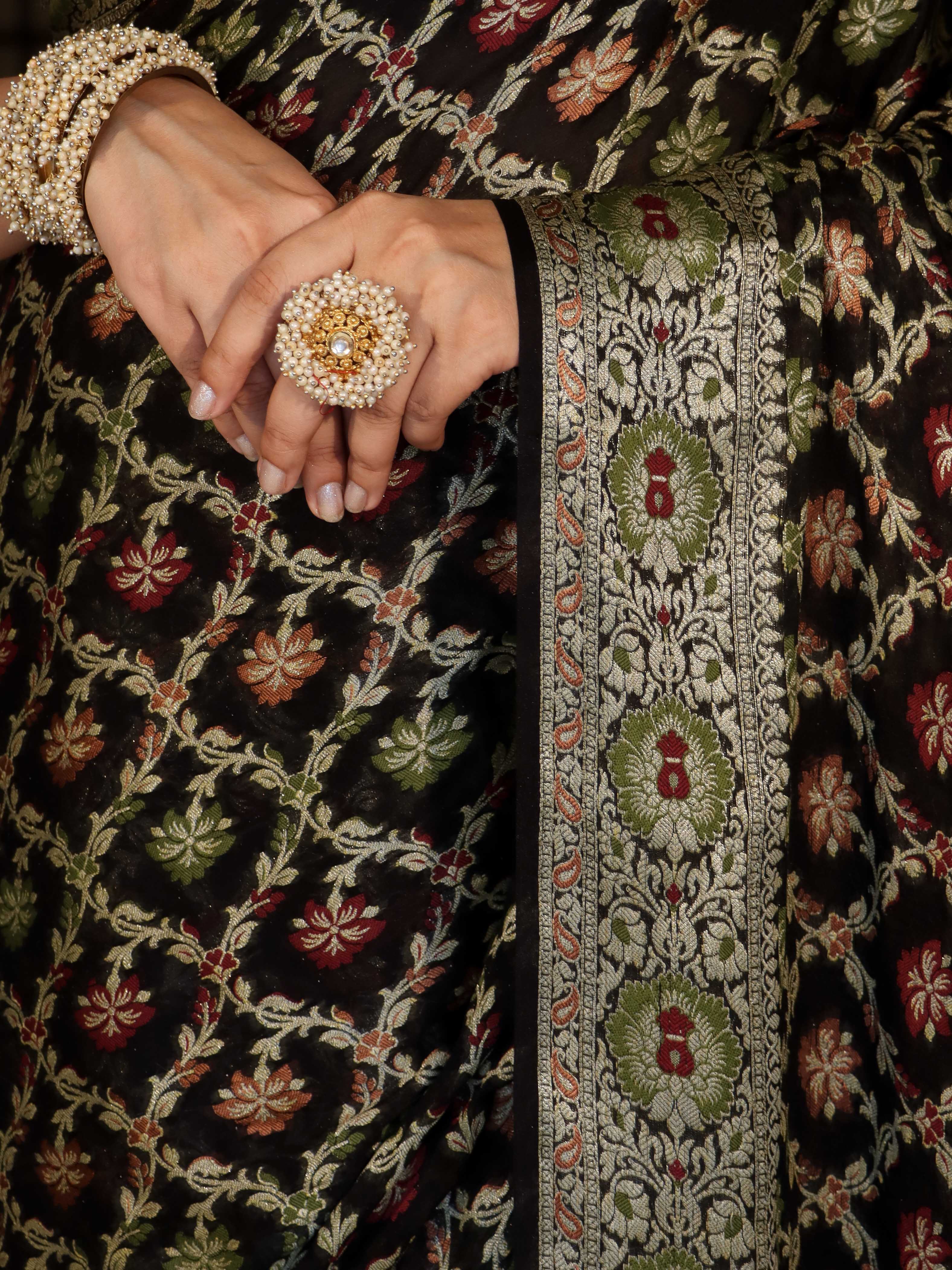 Banarasee Pure Chiffon Saree With Gold Zari & Resham Jaal Work-Black