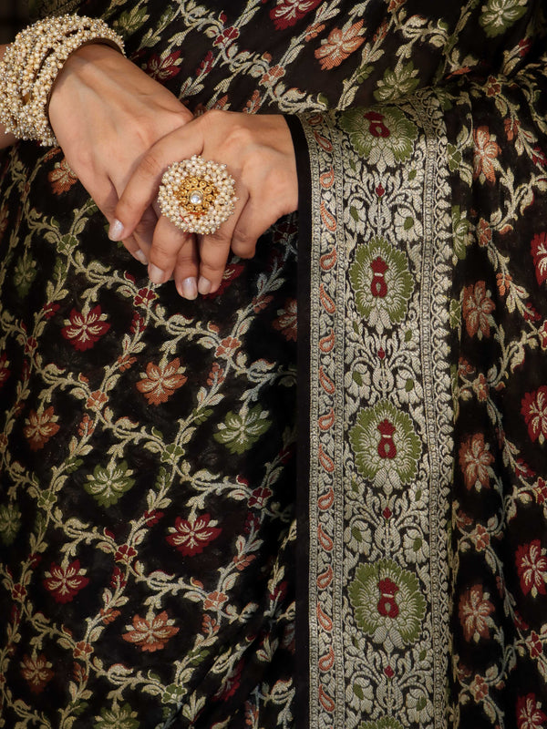 Banarasee Pure Chiffon Saree With Gold Zari & Resham Jaal Work-Black