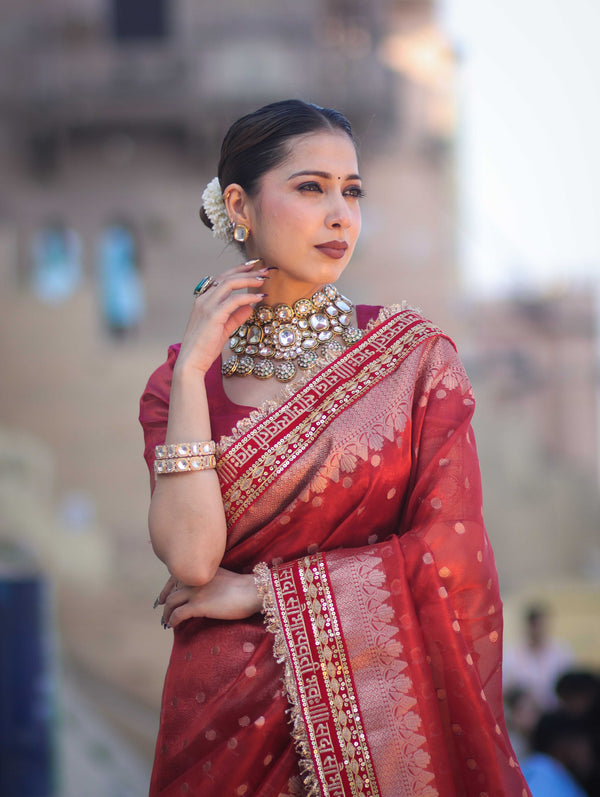 Banarasee Handloom Tissue (Saubhagyavati Bhava) Lace Saree With Buti Design Border & Lace-Red