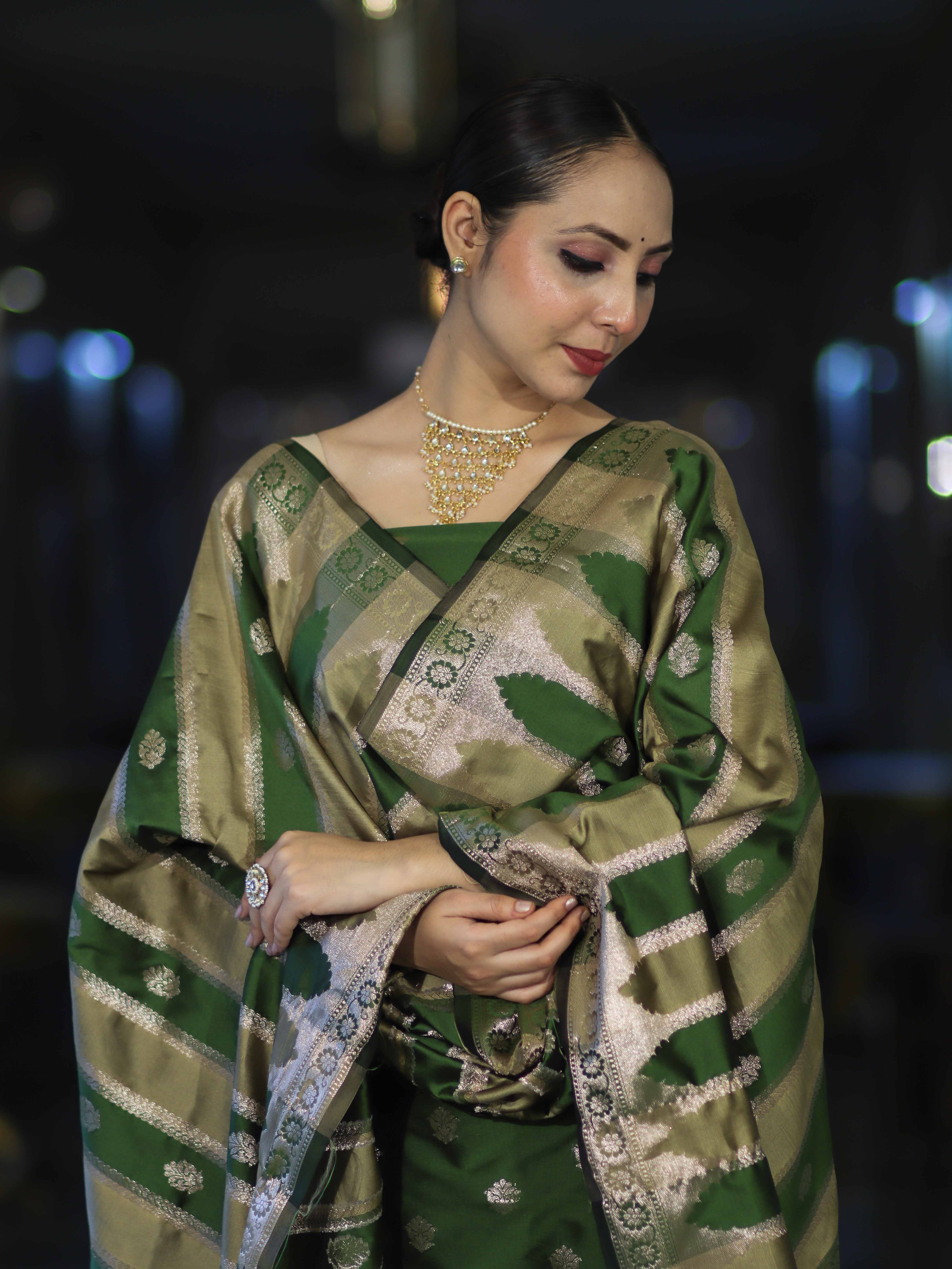 Banarasee Semi Katan Zari Work Salwar Kameez Fabric With Dupatta Set-Leaf Green