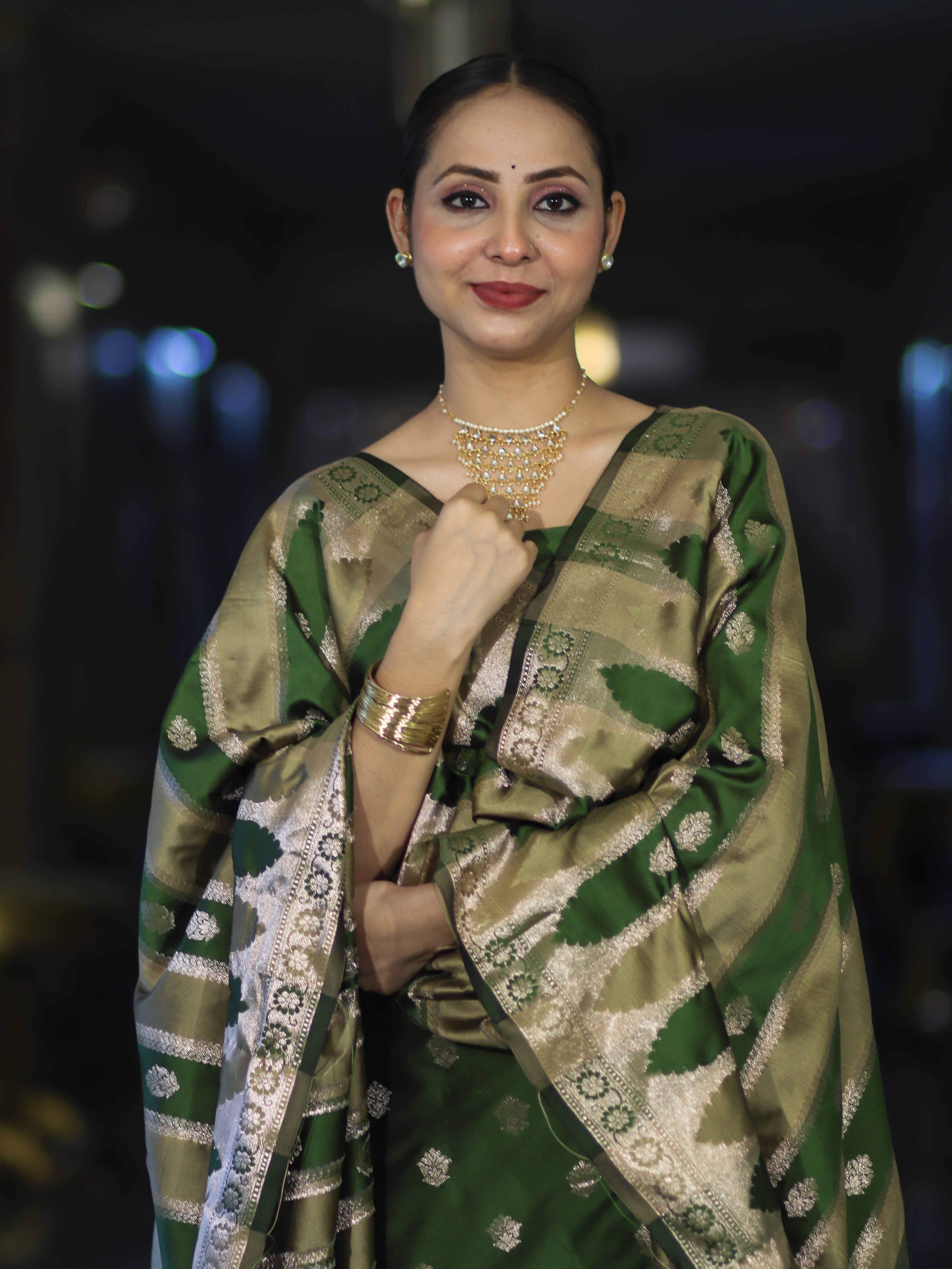 Banarasee Semi Katan Zari Work Salwar Kameez Fabric With Dupatta Set-Leaf Green