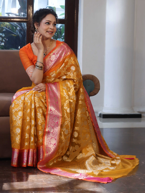 Banarasee Organza Mix Saree With Zari Jaal Design & Contrast Border-Yellow & Pink