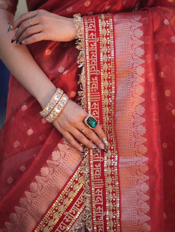 Banarasee Handloom Tissue (Saubhagyavati Bhava) Lace Saree With Buti Design Border & Lace-Red