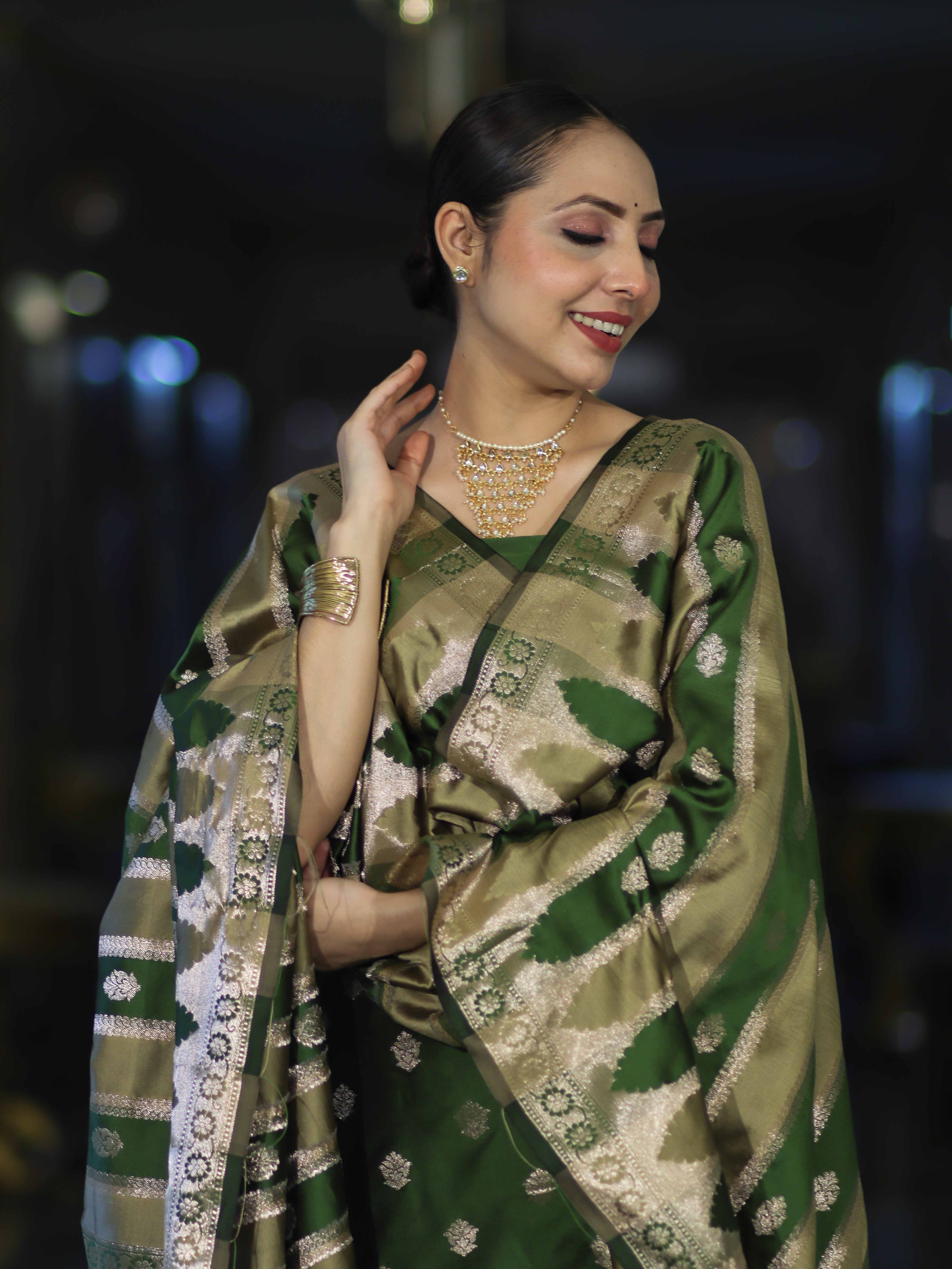 Banarasee Semi Katan Zari Work Salwar Kameez Fabric With Dupatta Set-Leaf Green