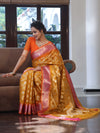 Banarasee Organza Mix Saree With Zari Jaal Design & Contrast Border-Yellow & Pink