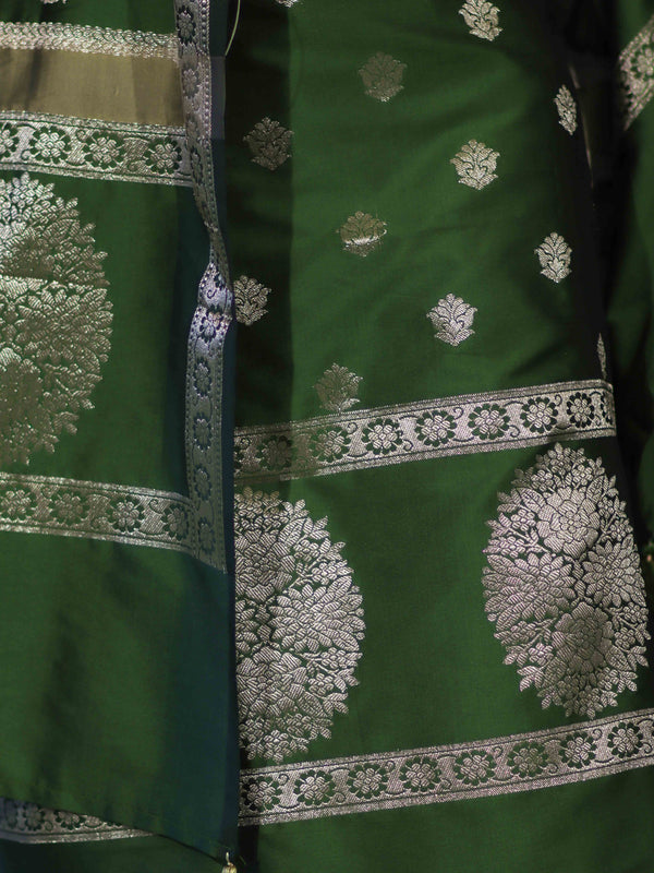Banarasee Semi Katan Zari Work Salwar Kameez Fabric With Dupatta Set-Leaf Green