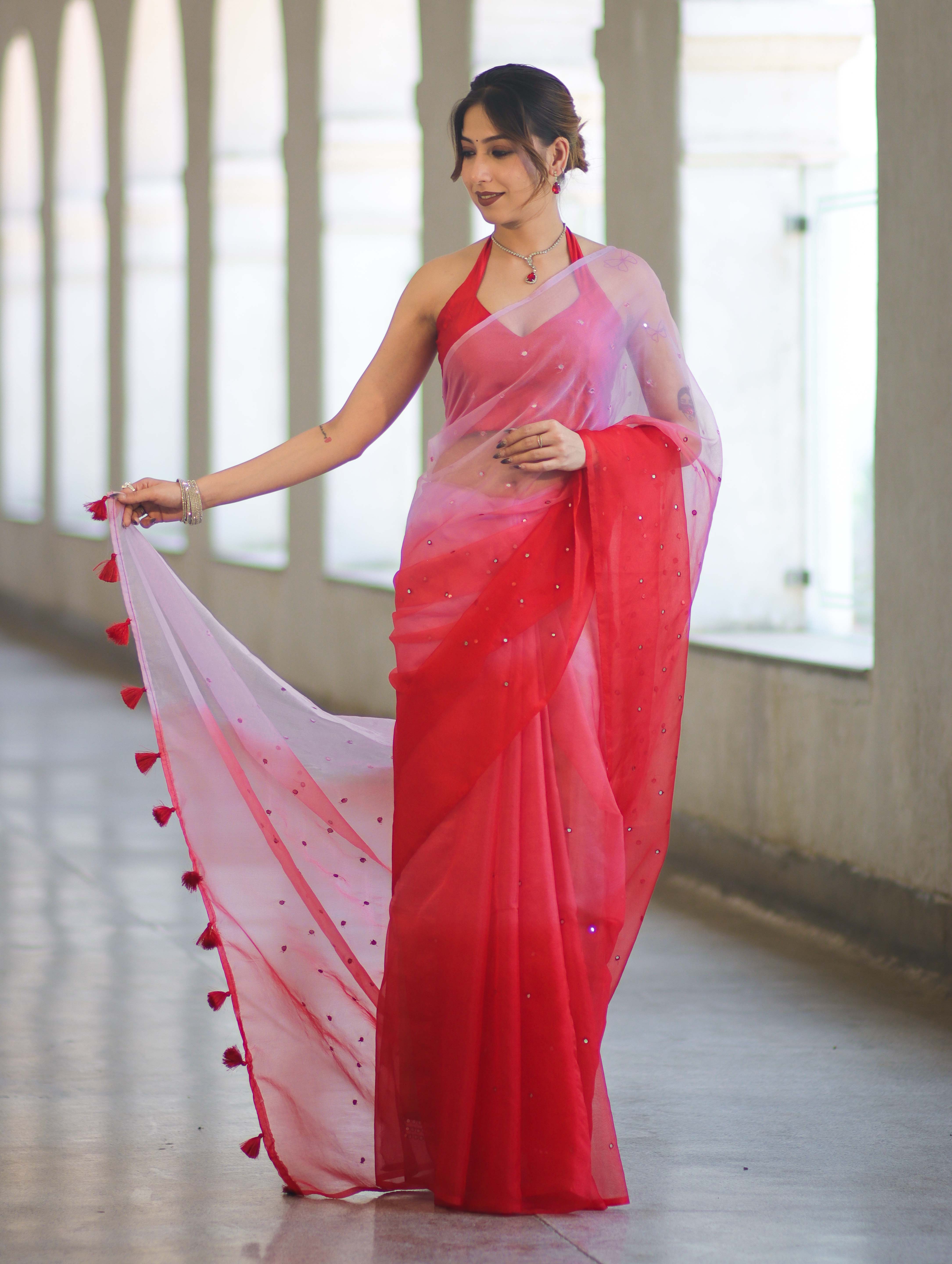 Banarasee Handwoven Organza Mix Saree With Mirror Work-Multicolor