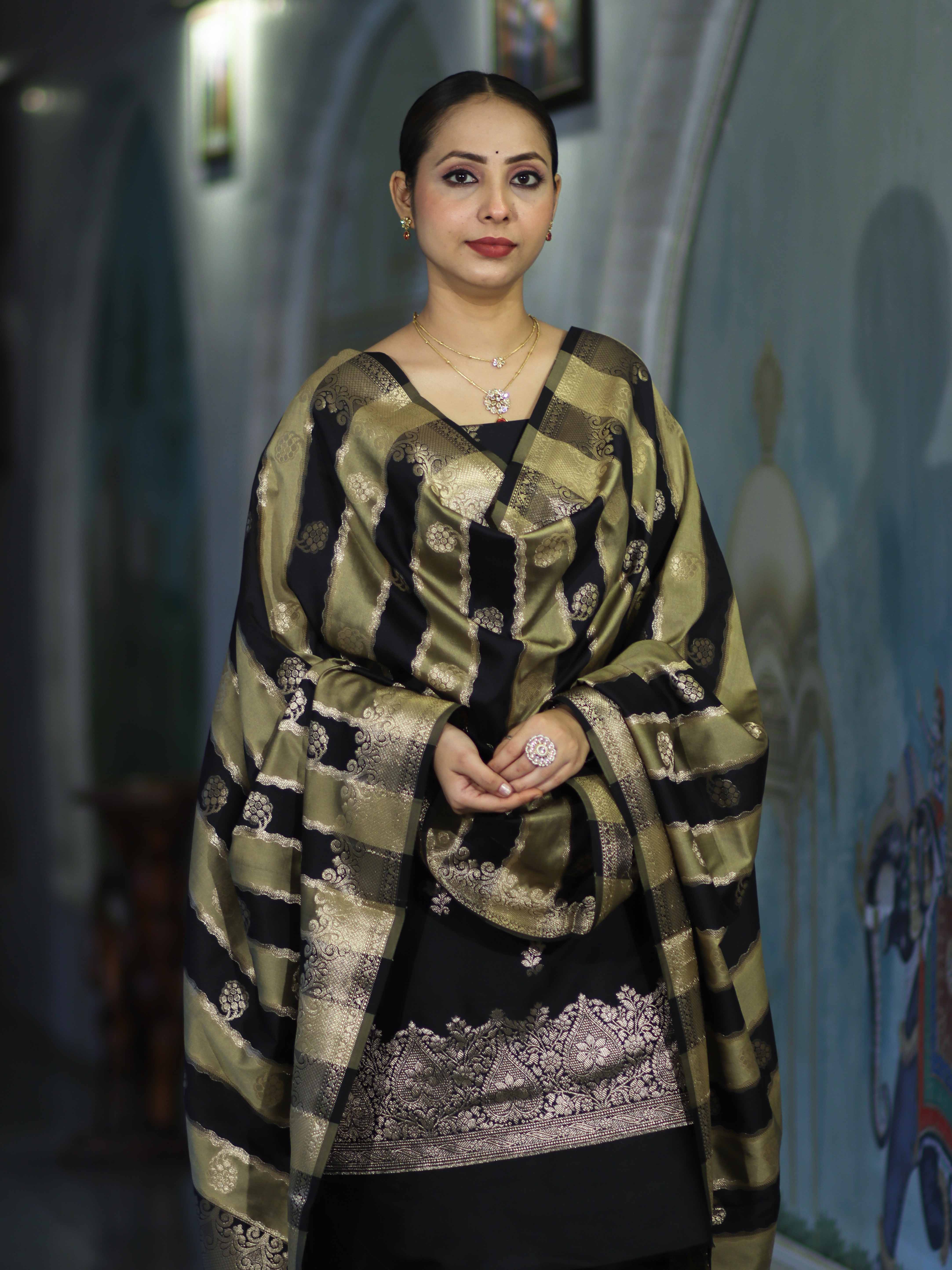Banarasee Semi Katan Zari Work Salwar Kameez Fabric With Dupatta Set-Black