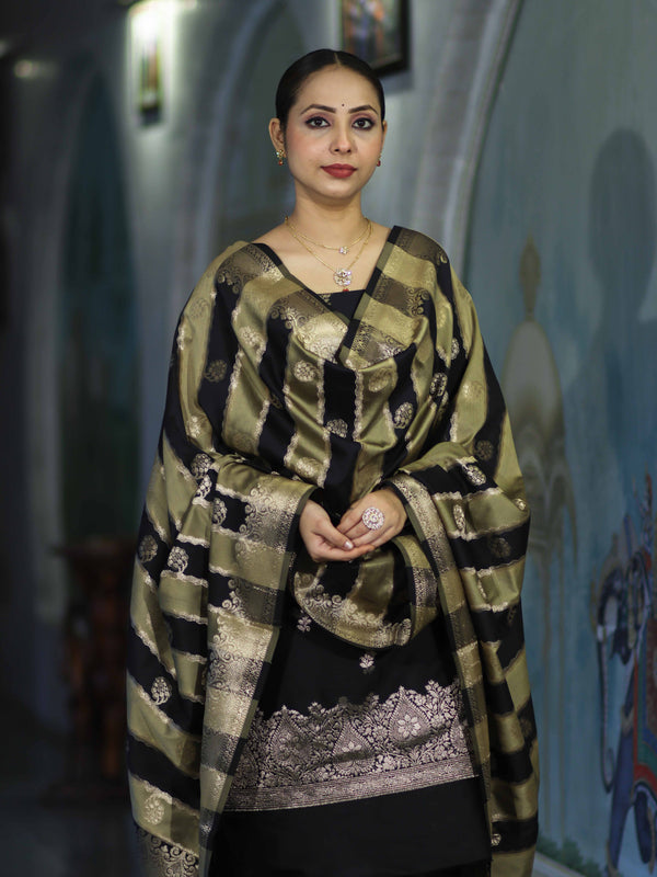 Banarasee Semi Katan Zari Work Salwar Kameez Fabric With Dupatta Set-Black