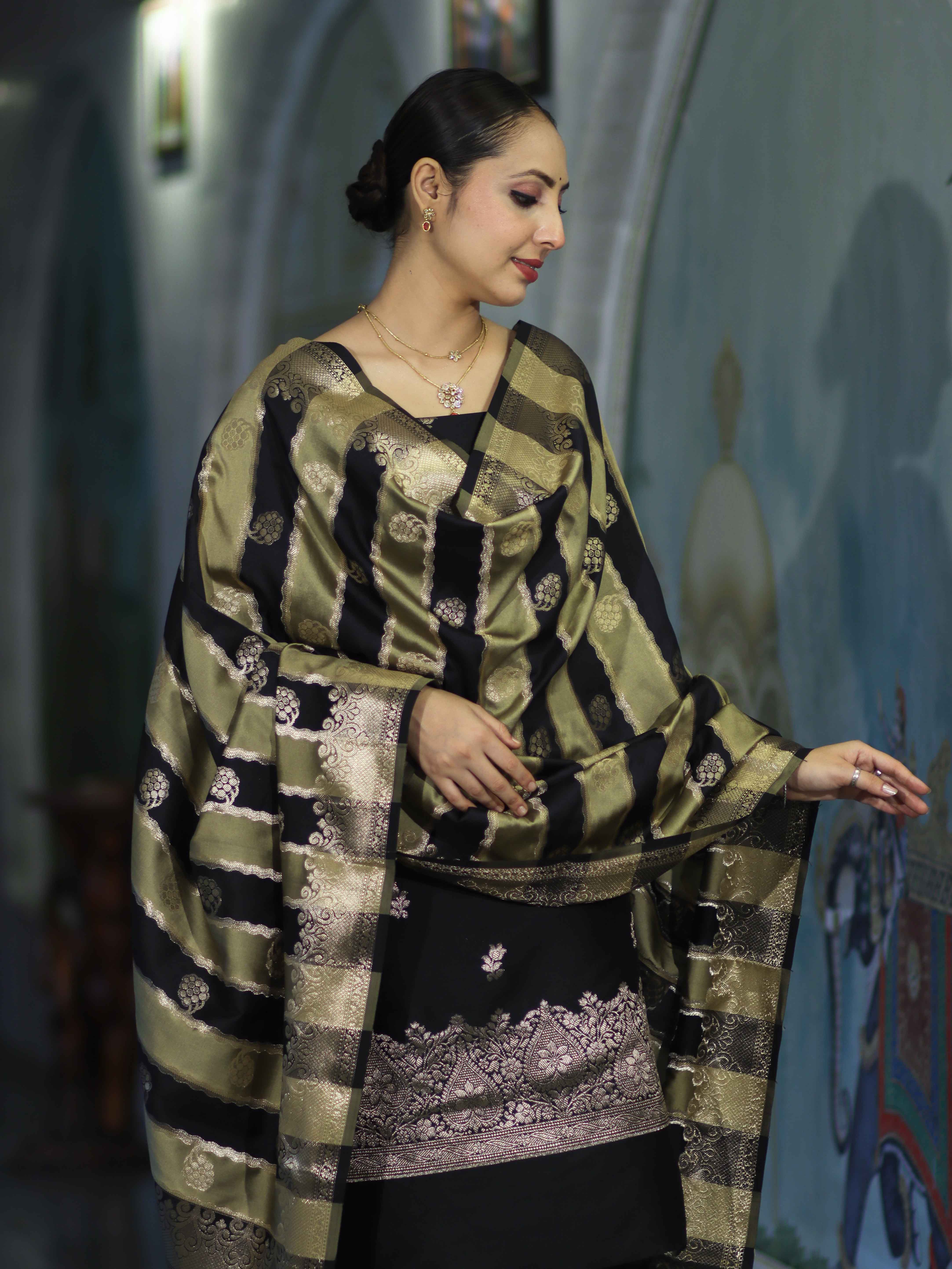 Banarasee Semi Katan Zari Work Salwar Kameez Fabric With Dupatta Set-Black