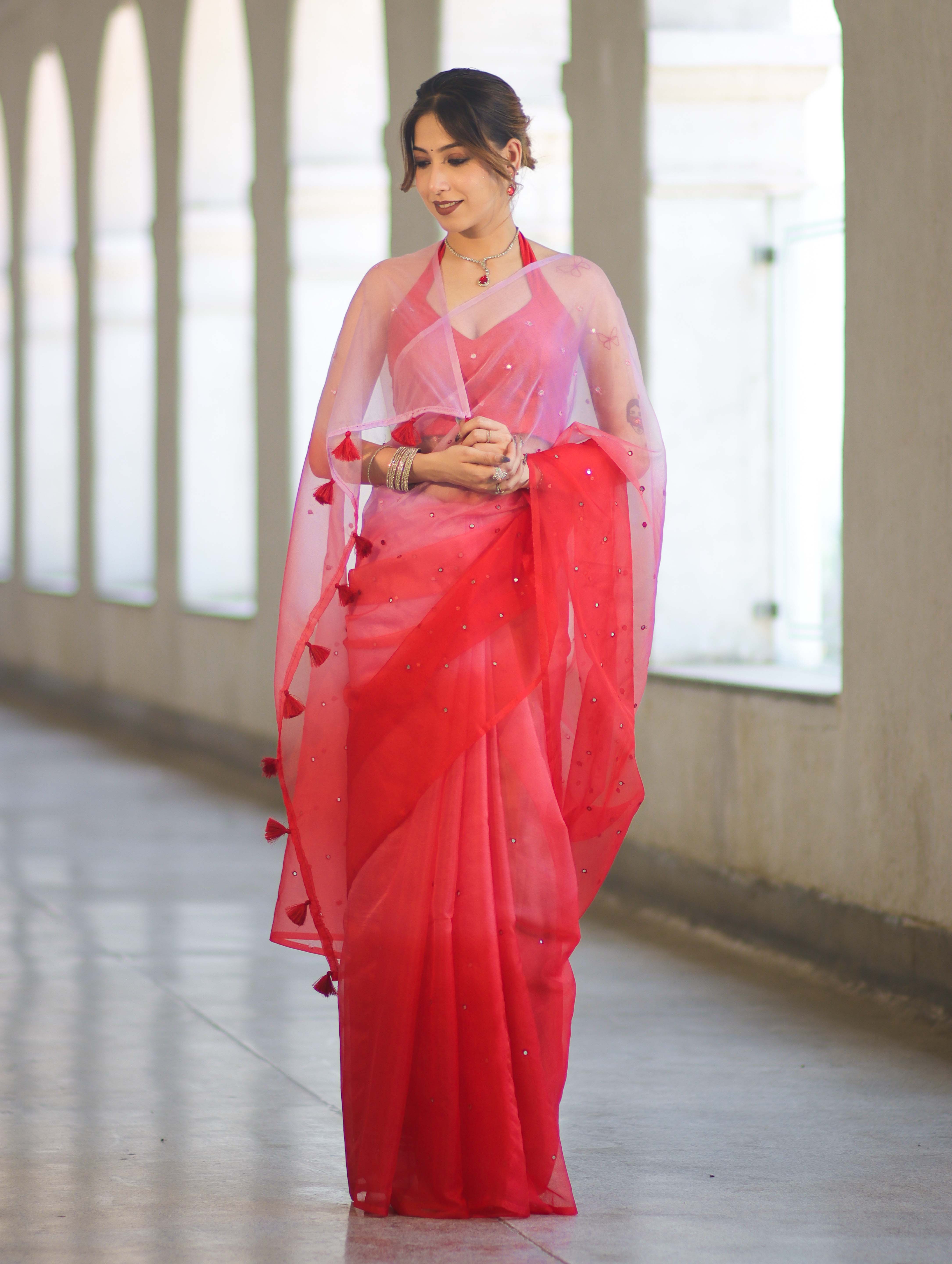 Banarasee Handwoven Organza Mix Saree With Mirror Work-Multicolor