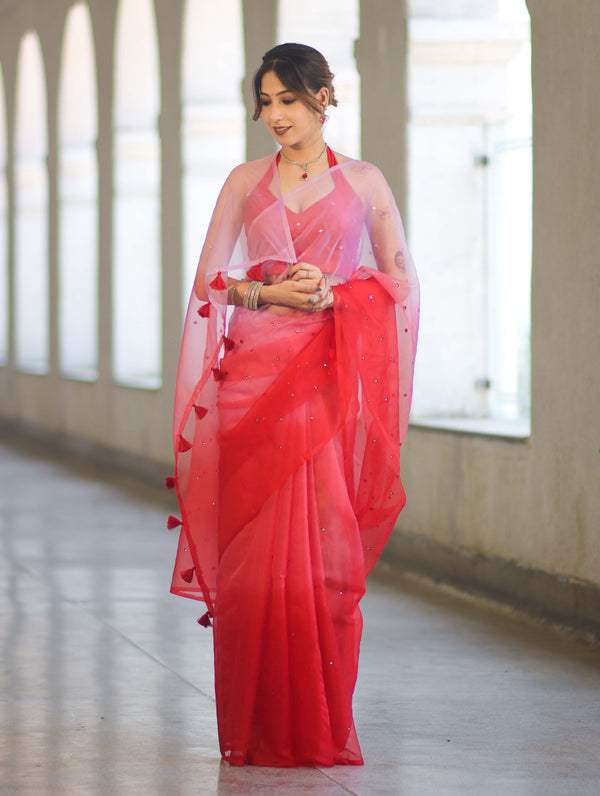 Banarasee Handwoven Organza Mix Saree With Mirror Work-Multicolor