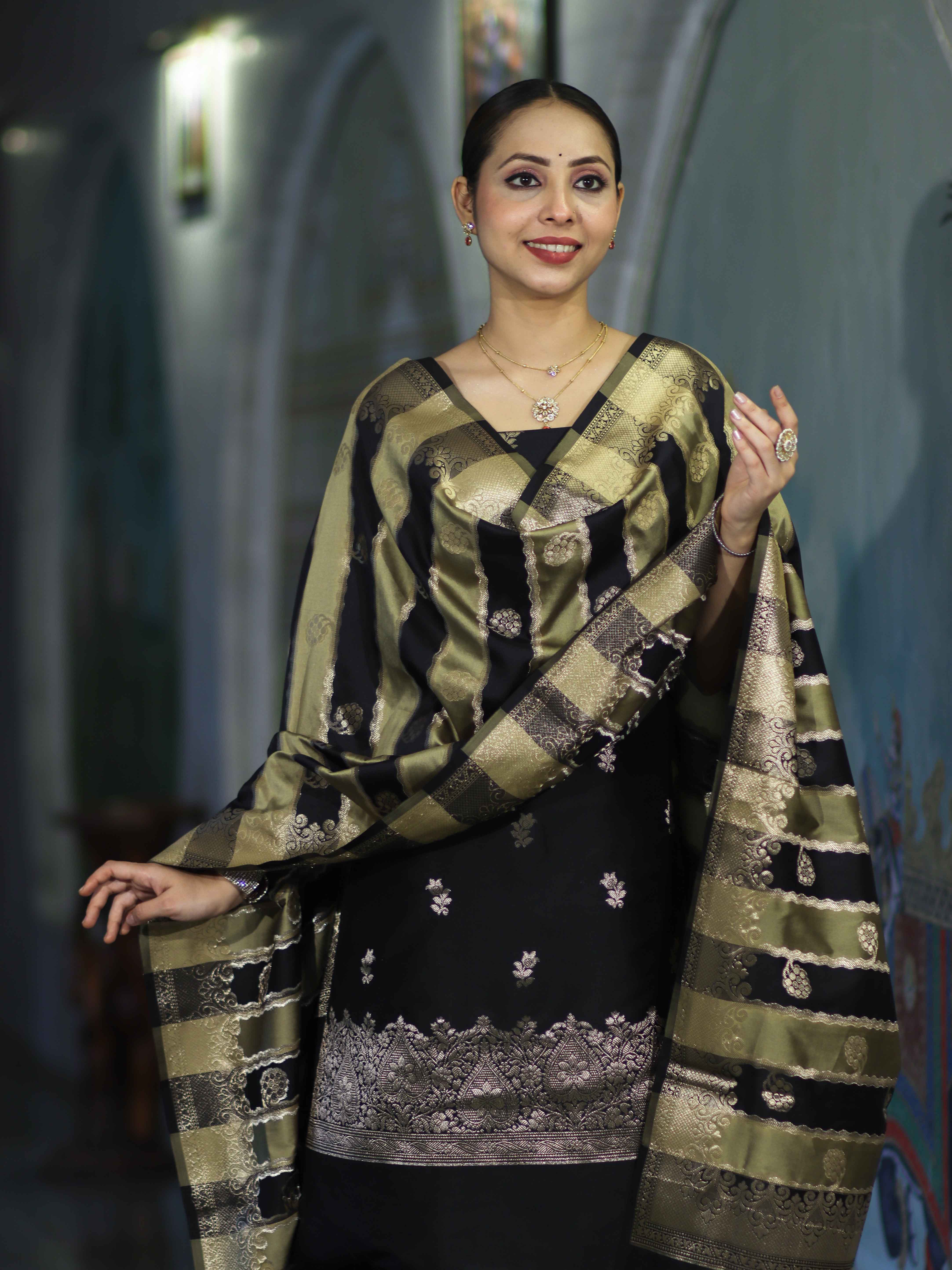 Banarasee Semi Katan Zari Work Salwar Kameez Fabric With Dupatta Set-Black