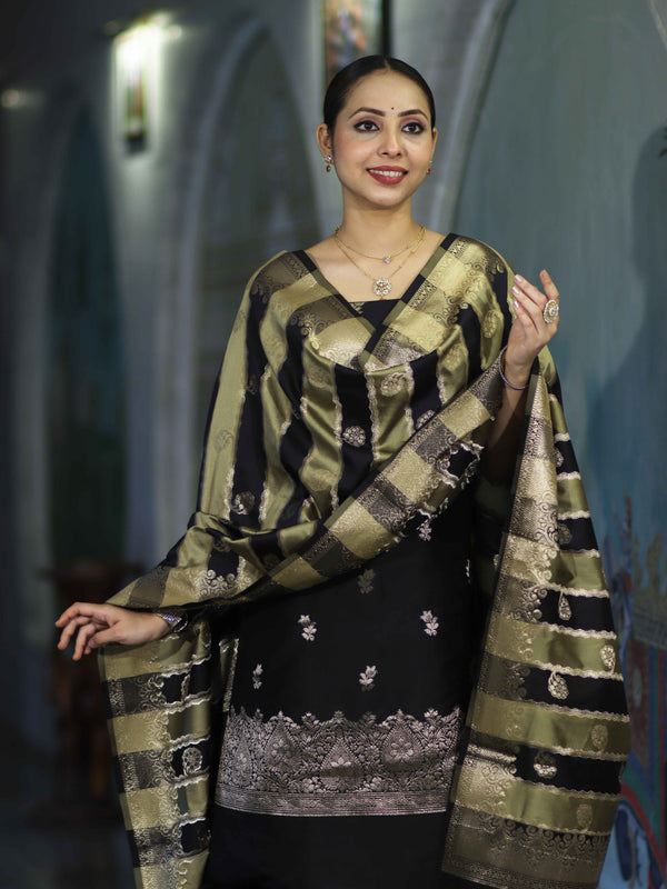 Banarasee Semi Katan Zari Work Salwar Kameez Fabric With Dupatta Set-Black