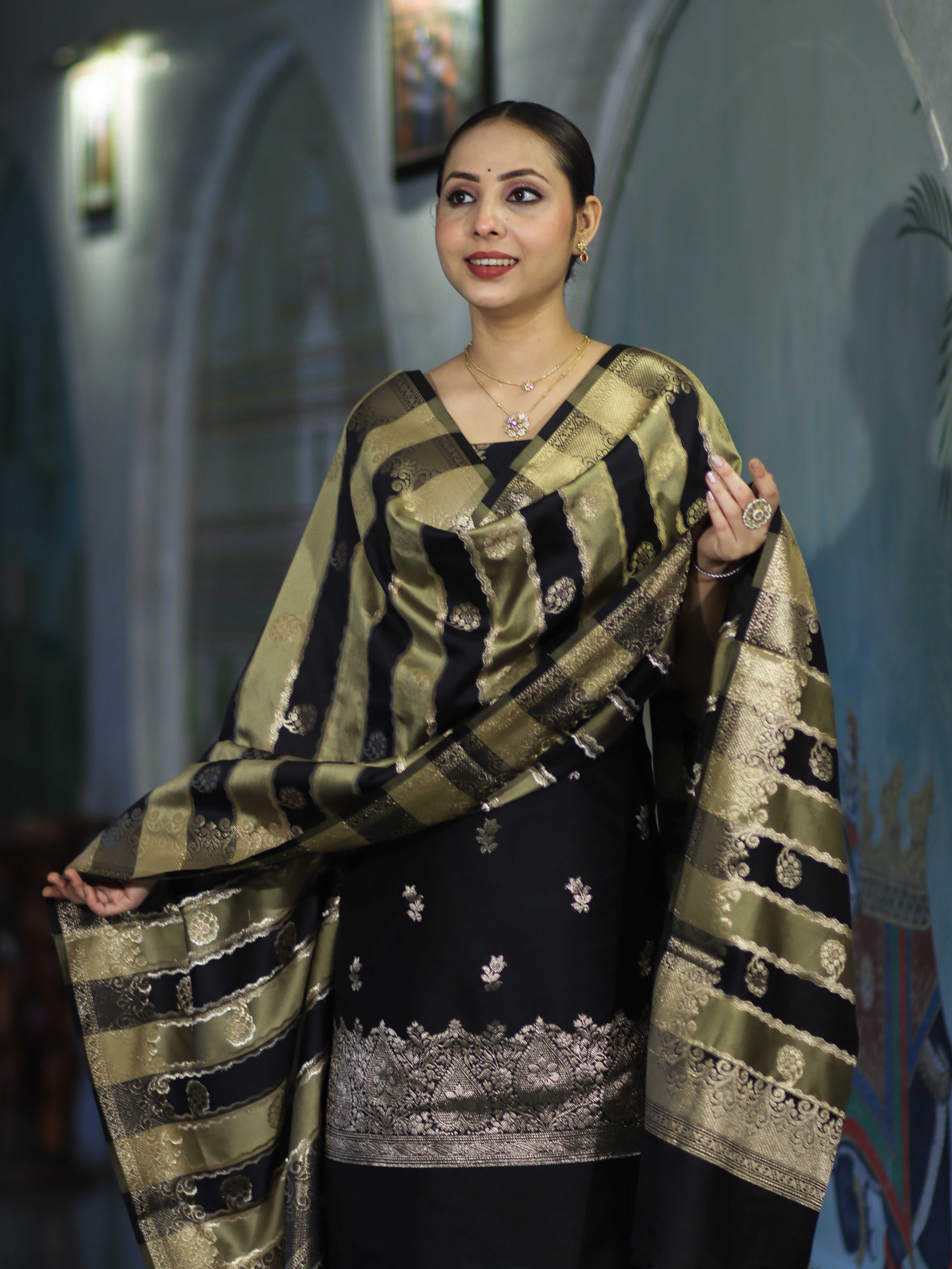 Banarasee Semi Katan Zari Work Salwar Kameez Fabric With Dupatta Set-Black