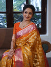 Banarasee Organza Mix Saree With Zari Jaal Design & Contrast Border-Yellow & Pink