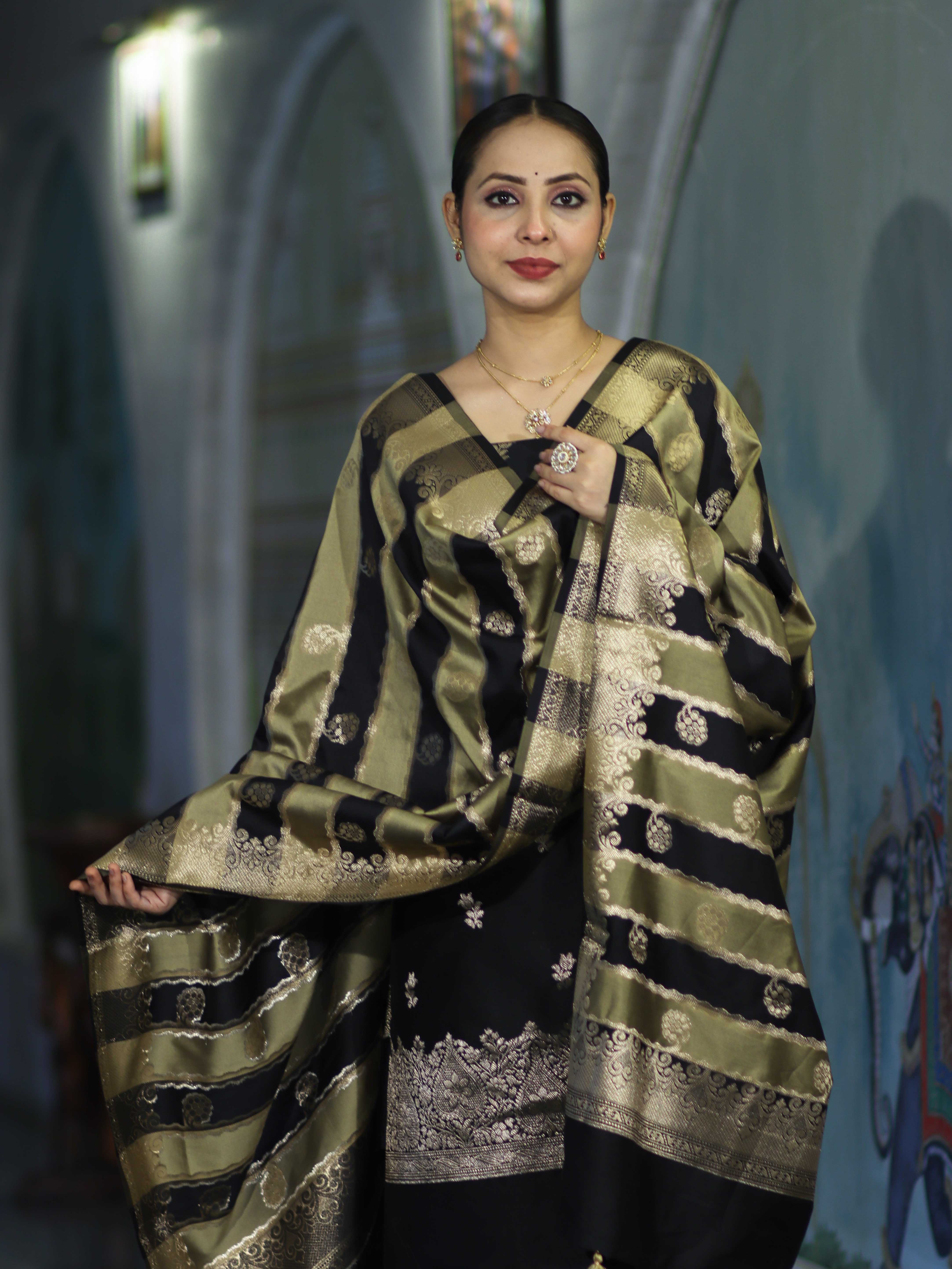 Banarasee Semi Katan Zari Work Salwar Kameez Fabric With Dupatta Set-Black
